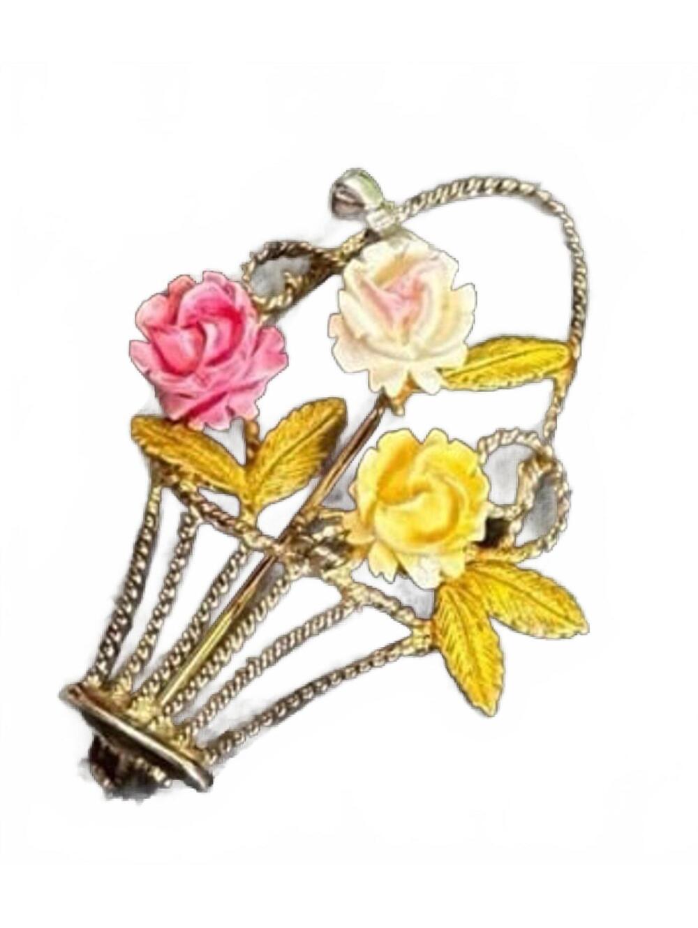 Vintage Signed Celluloid Carved Basket of Flowers in Gold & Sterling 925 Silver